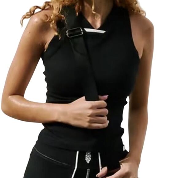 Free People Movement Power Walk Tank Jersey Knit Sporty Sleek Black White SZ XL - Picture 1 of 7